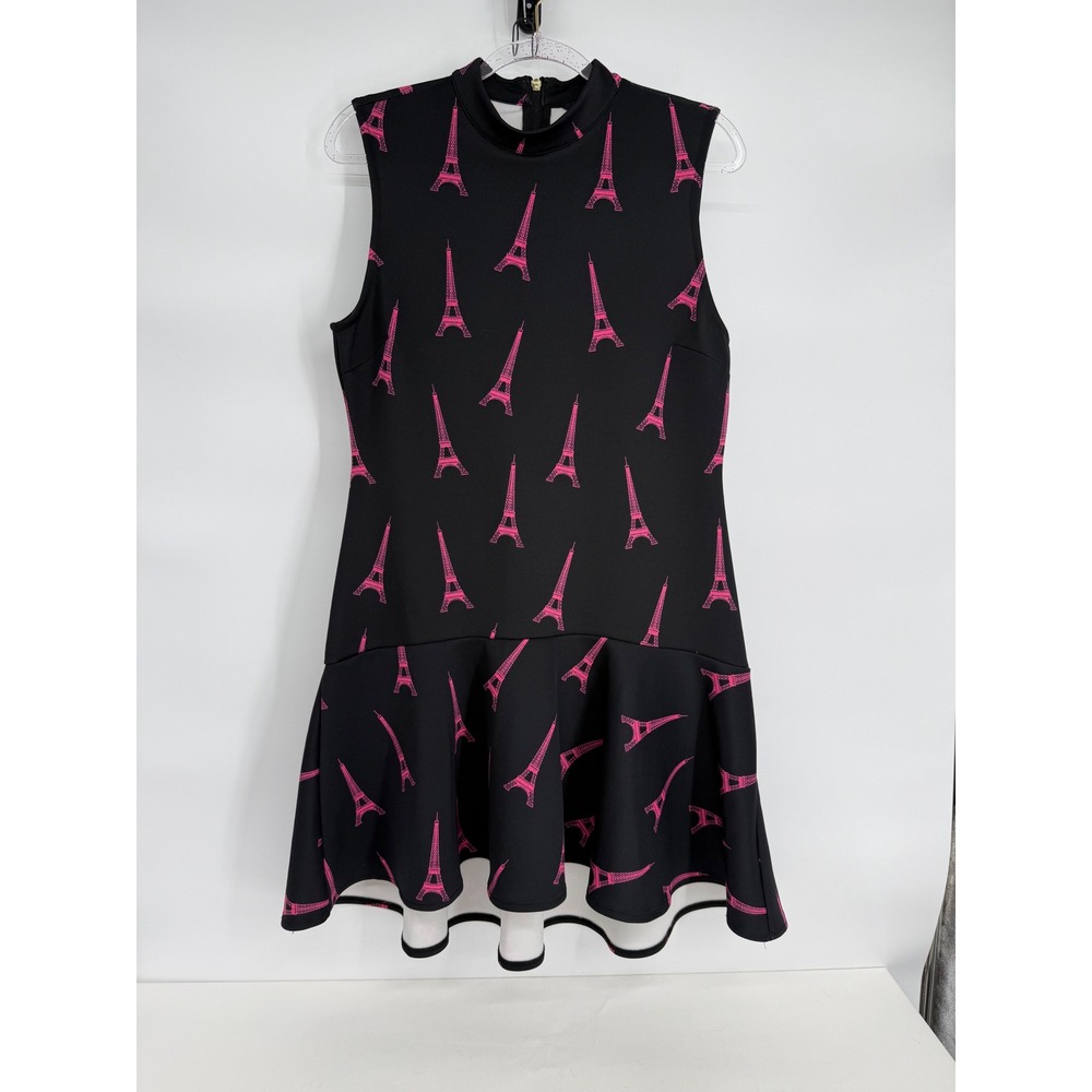 HM Womens Sz L Black Pink Eiffel Tower Print Mock Neck Drop Waist Scuba Dress
